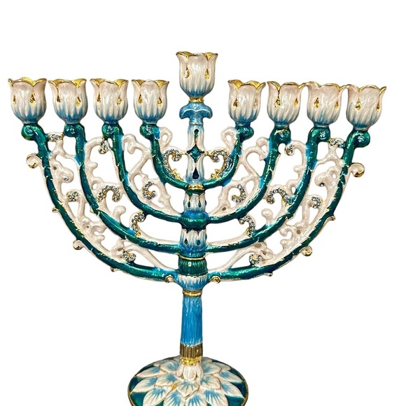 Menorah Hanukkah  Hand Painted Brass Enamel  NWB 6” By 6” Blue Teal Gold - Picture 3 of 16